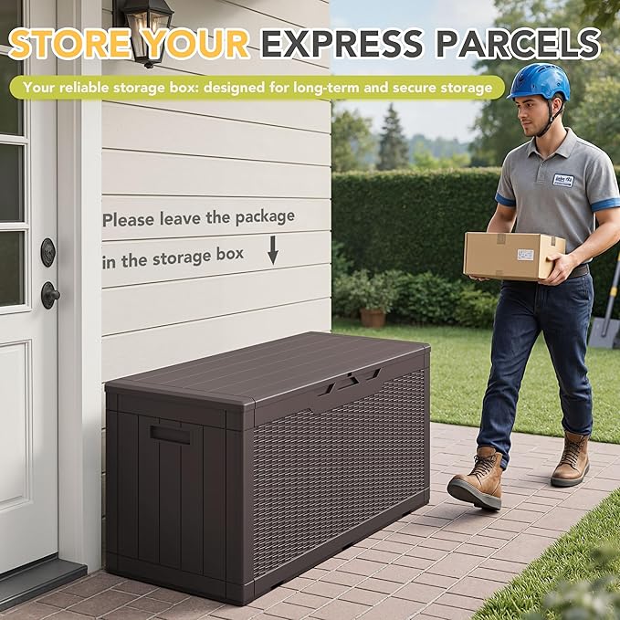 Greesum 100 Gallon Resin Deck Box Lockable Large Outdoor Storage Boxes for Garden Tools, Patio Furniture Cushions, Pool Supplies, Dark Brown
