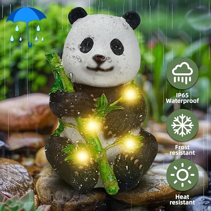 Garden Panda Solar Lights Bamboo Statues Cute Sculptures Waterproof Resin for Indoor Outdoor Porch Patio Lawn Yard Decorations (Sitting)