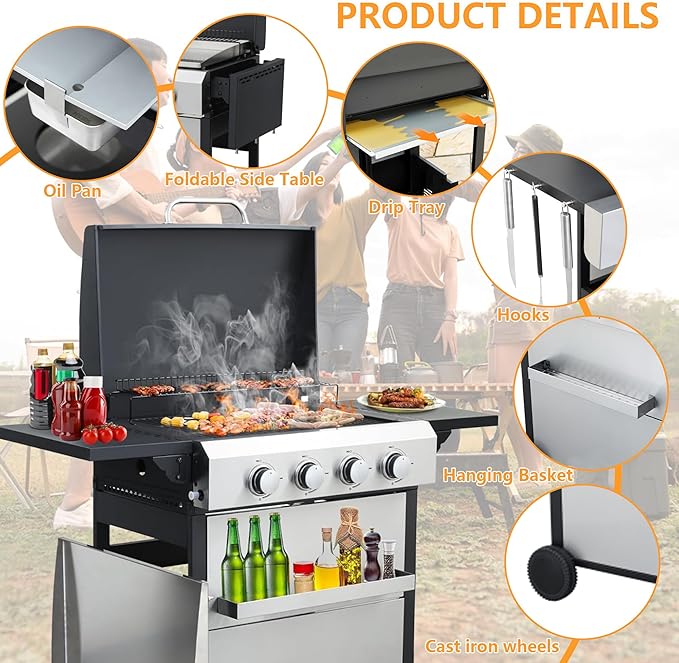 4-Burner Propane Gas BBQ Grill with Plate, 49200 BTU 2 in 1 Propane Griddle Grill Combo with 2 Foldable Side Table for Outdoor Cooking Camping Patio Backyard (4 burner +griddle)