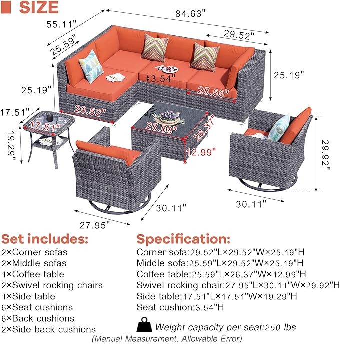 HOOOWOOO 8 Piece Patio Sectional Furniture Set with Swivel Rocking Chairs,Modern Wicker Outdoor Conversation Sofa Sets,Weather Resistant Modular L Shaped Outside Couch Set(Orange Red)