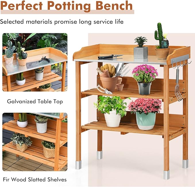 S AFSTAR Potting Bench, Work Station with Fir Wood Construction & Metal Tabletop, Garden Planting Table w/Open Shelves and Hanging Hooks, Gardening Table Potting Table for Outside Backyard Balcony