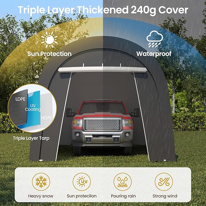 10'x20' Carport, Outdoor Round Portable Garage with 2 Roll up Doors, Heavy Duty Storage Shelter Car Canopy Party Tent, Dark Gray