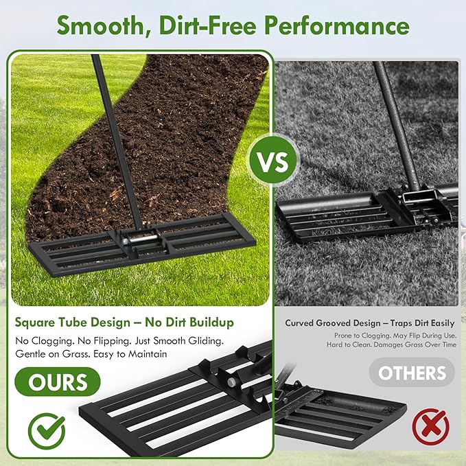 Seeutek Lawn Leveling Rake, 30” x 10” Lawn Leveler with 6.5FT Handle Rakes for Lawns, 0-180° Adjustable Ground Leveler Tool for Yard, Level Soil Sand Dirt Surfaces