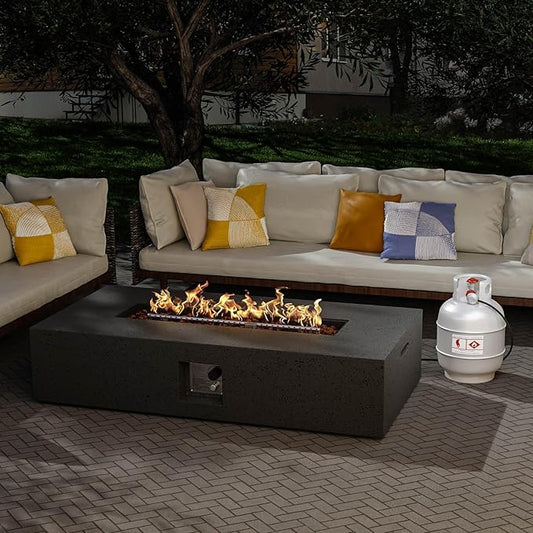 SUNBURY Outdoor Fire Pit, 56" Rectangle Propane Gas Patio Fire Table 50,000 BTU Concrete Travertine Design, CSA Certified, Low Firepit Table with Lava Rocks, Waterproof Cover (Grey)