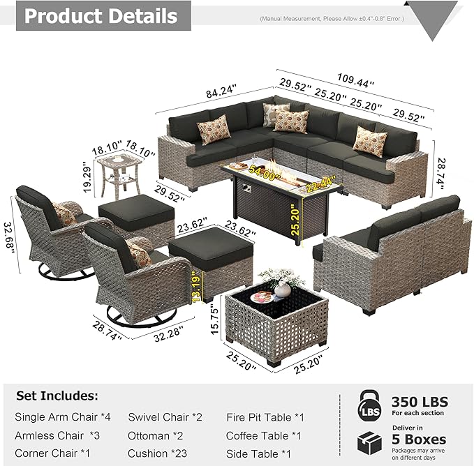 HOOOWOOO Outdoor Sectional Patio Furniture Set with Fire Pit Table,15 Pieces Wicker Conversation Sets L Shaped Couch,Extra Deep Out Door Sofa Outside Furniture with Swivel Chairs Ottomans,Black