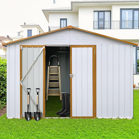10x12 FT Outdoor Storage Shed, Metal Tool Shed with Lockable Doors & Peaked Roof, Garden Shed with Vented Design for Backyard Garden Patio Lawn, White+Yellow
