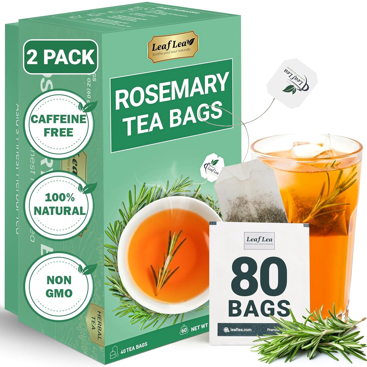 LeafLea 80 Rosemary Leaf Tea Bags, 100% Pure Rosemary Herbal Tea, Gentle Digestive Comfort & Relaxing, Te De Romero Featuring Subtle, Natural Flavor, Caffeine-Free, Sugar-Free, Non-GMO, Vegan