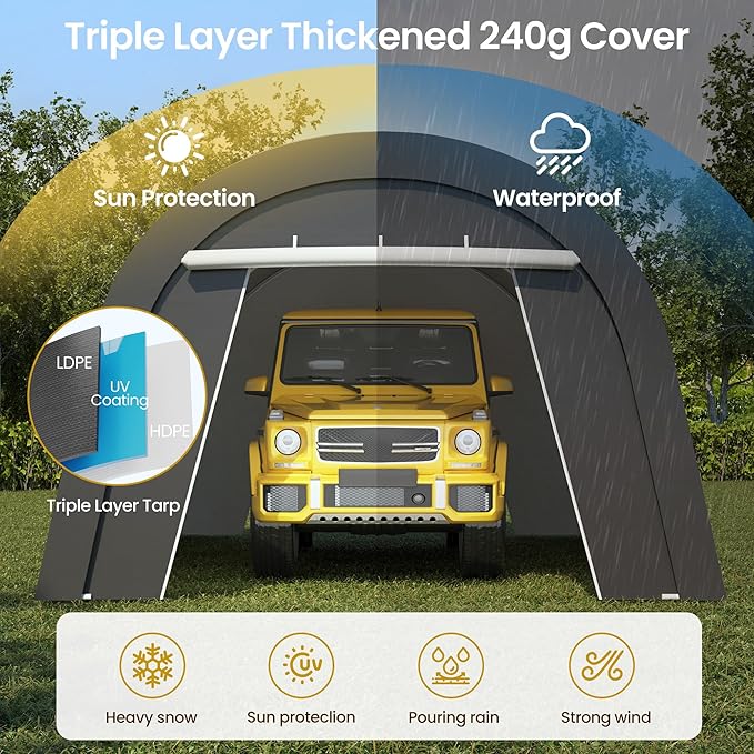 Heavy Duty Carport 13X20FT, Portable Garage with 2 Roll Up Doors Vents and Metal Round Roof, Outdoor Storage shed Car Port Canopy Tent for Garden Tools, Vehicle Truck Boat, Party, Dark Gray