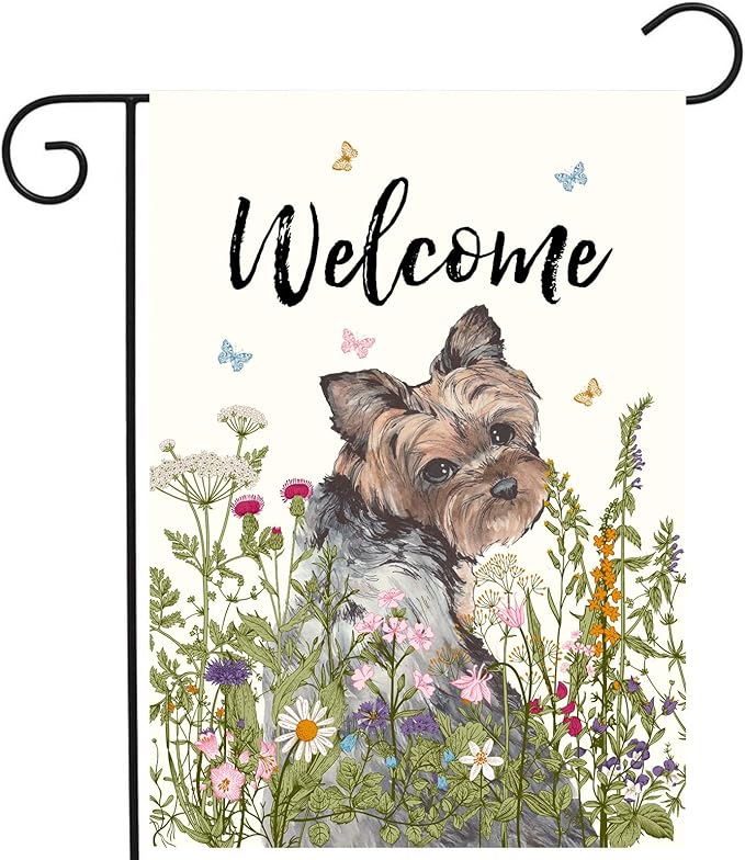 Floral Yorkie Garden Flag Spring Summer Yard Flag Flower Yorkshire Terrier Dog Garden Flags for Outside Small Outdoor Welcome Flags 12x18 Double Sided