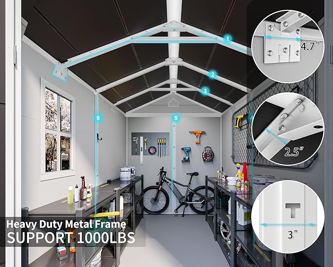 CDCASA 8x6 FT Resin Storage Shed, Large Waterproof Outdoor Sheds with Floor & Lockable Door & Vents, Plastic Tool Shed for Backyard, Patio, Poolside, Cabinet, Dove Grey