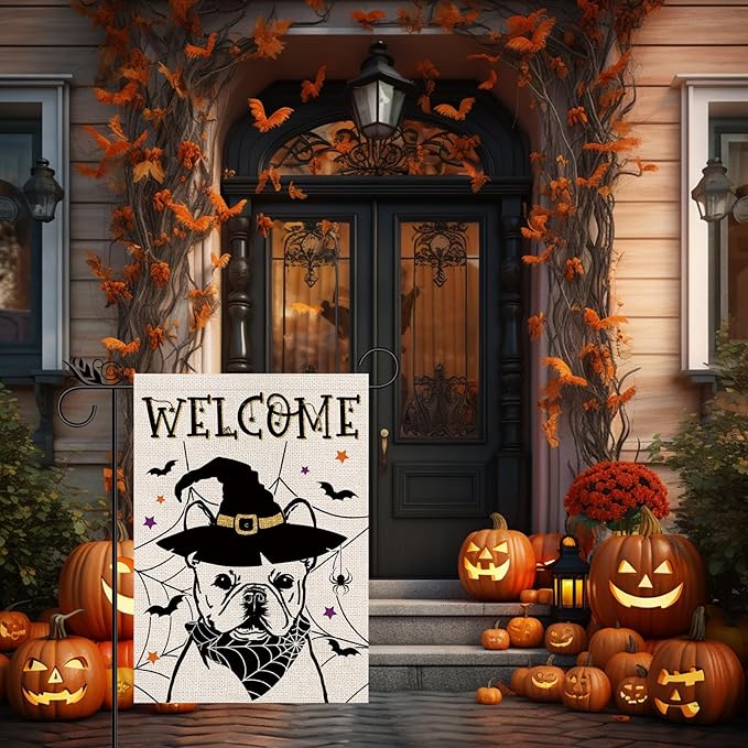 Halloween Garden Flag French Bulldog Cobweb Bats Double Sided Vertical Welcome Flag Holiday Outdoor Yard Lawn Decorations 12.5 x 18 Inch