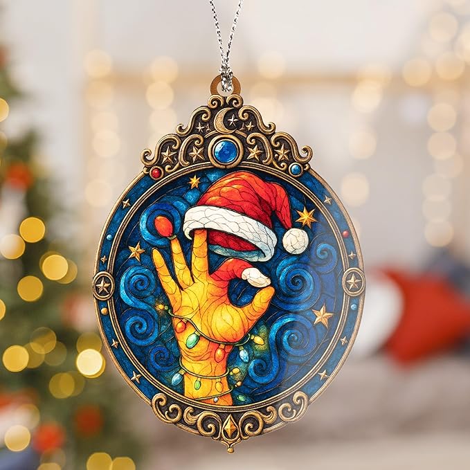 Funny Santa Hand OK Sign Ornament – funny ornament – christmas decor – gag gifts – santa ornament – Suncatcher effect window hanging – Car Hanging
