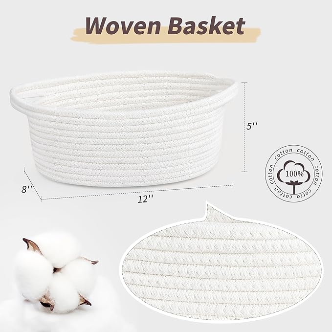 Pro Goleem Small Woven Basket with Gift Bags and Ribbons Durable Baskets for Halloween Gifts Empty Small Rope Basket for Storage 12"X 8" X 5" Baby Toy Baskets with Handles, White