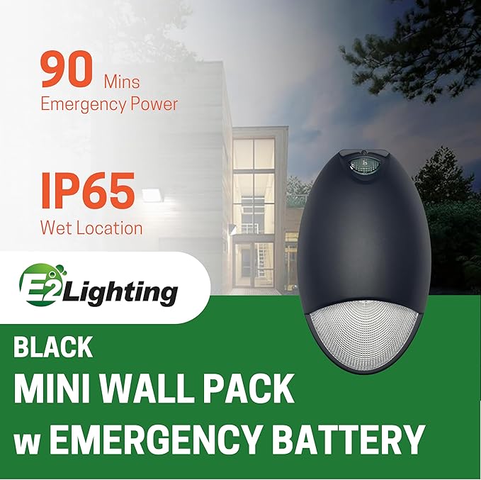 Mini Wall Pack Outdoor Emergency Lights, P65, Battery Backup 90mins Power, Photocell Sensor, Wet Resistant, LED Emergency Backup Lighting for Business and Home (Black)