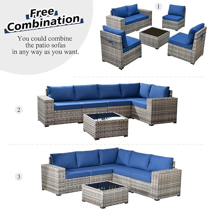 HOOOWOOO Modular Patio Outdoor Sectional Furniture Set,6 Piece Wicker Conversation Sofa Set,Out Door Couch Set with Wide Arm for Outside All Weather(Navy Blue)