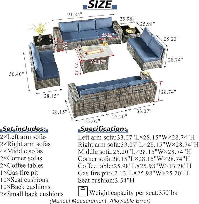 HOOOWOOO 13 Piece Modular Patio Outdoor Sectional Furniture Set with Gas Propane Fire Pit Table,Wicker Conversation Sofa Set,Out Door Couch Set with Wide Arm Outside(Denim Blue)
