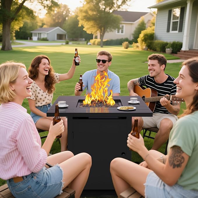 Royalcraft 2 in 1 Propane Fire Pit Table, 50000 BTU Gas Fire Pits Table with Removable Lid, Lava Rock and Cover, Square Fire Table for Dining or Party on Garden, Patio, Yard, 30", Black