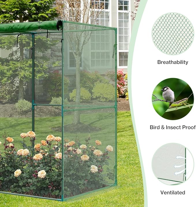 Aoodor 8 x 4 x 6 Ft Plant Protection Grow Tent Flat Roof Crop Cage with 2 Side Netting Zippered Door for Protect Plants, Herbs, Fruits, Green