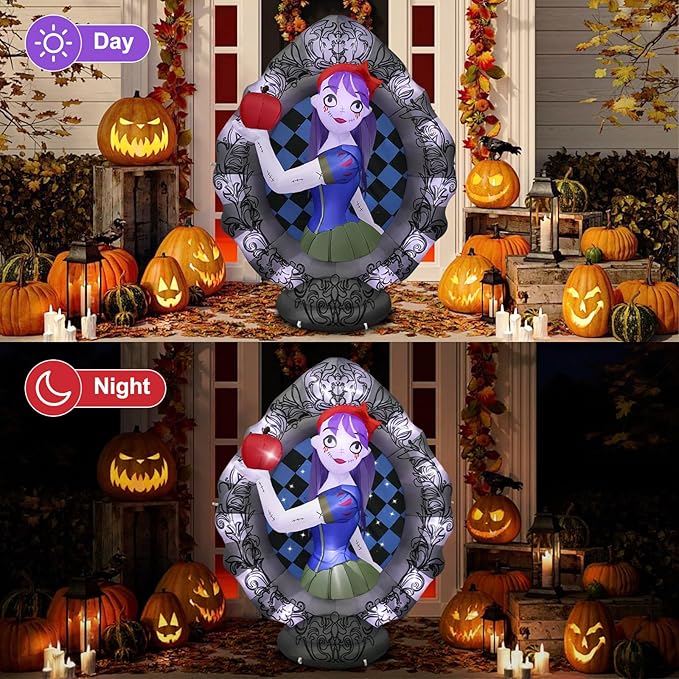 8Ft Tall Giant Halloween Inflatables Snow White Outdoor Decorations, Blow Up Magic Mirror Yard Decor Build-in Flash Lights for Outside Party Lawn Garden
