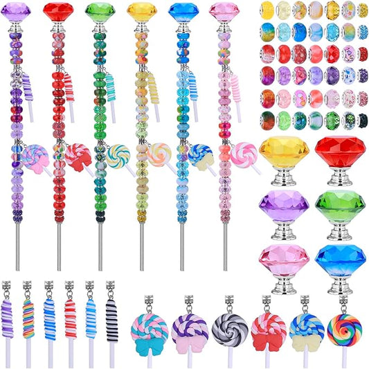 VICTLOV Crystal Suncatcher Making Kit, European Large Hole Beads Glass Balls for Garden Decoration, DIY Outdoor Hanging Ornaments (176Pcs Diamond+Lollipop)