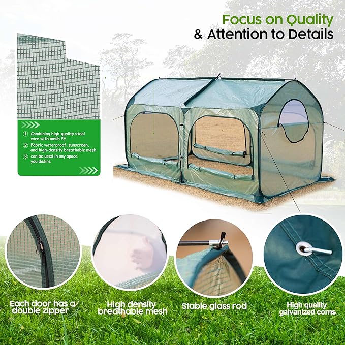 Pop up Greenhouse Tent Cover Tunnel Plant House,Large Gardening Flower Sunshine Room with Mesh Windows,Backyard PE Cover for Cold Frost Protector with Stakes and Rope Guys (Large Size)