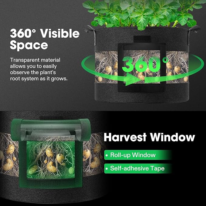 VIVOSUN 5-Pack 10 Gallon Potato Grow Bags, Thick Fabric Pots with 360 Visibility & Harvest Window, Black