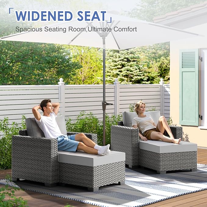 ABCASA Patio Furniture Set, Oversized 7 Piece 5 Seats Comfortable Wicker Rattan Outdoor Furniture Set with Ottoman,Deep Seat & 4.72'' Soft Cushion Patio Conversation Sets for Porch,Deck,Backyard,Grey