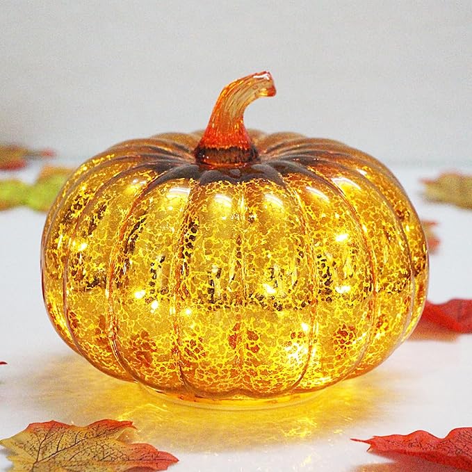 Mercury Glass Pumpkin Lights with Timer, Battery Operated Led Pumpkin Lights for Halloween Fall,Thanksgiving Rustic Decor (Gold Common, 6")