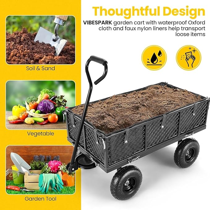 Garden Cart, Heavy Duty 880 Lbs Capacity Mesh Steel Garden Cart with Removable Sides to Convert into Flatbed, Utility Metal Wagon with 180° Rotating Handle and 10 in Tires, Black
