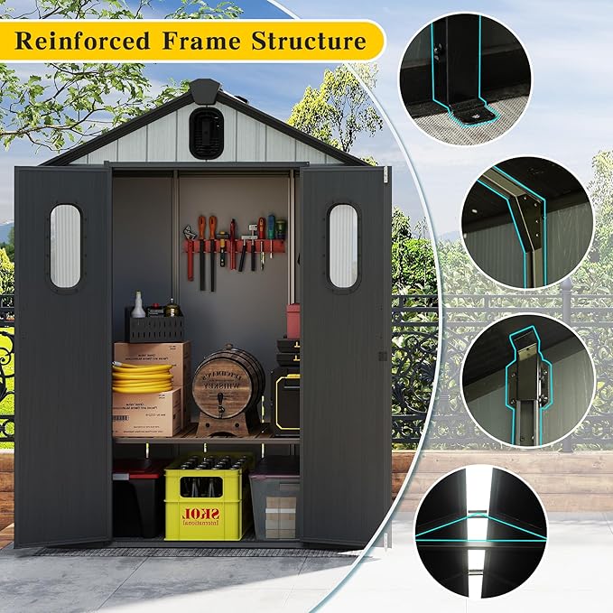 Domi 5x3FT Resin Outdoor Storage Shed with Lockable Door, Waterproof Outside Sheds with Windows & Vents, Heavy-Duty Plastic Tool Storage Shed for Patio Furniture, Lawn Mower, Bike