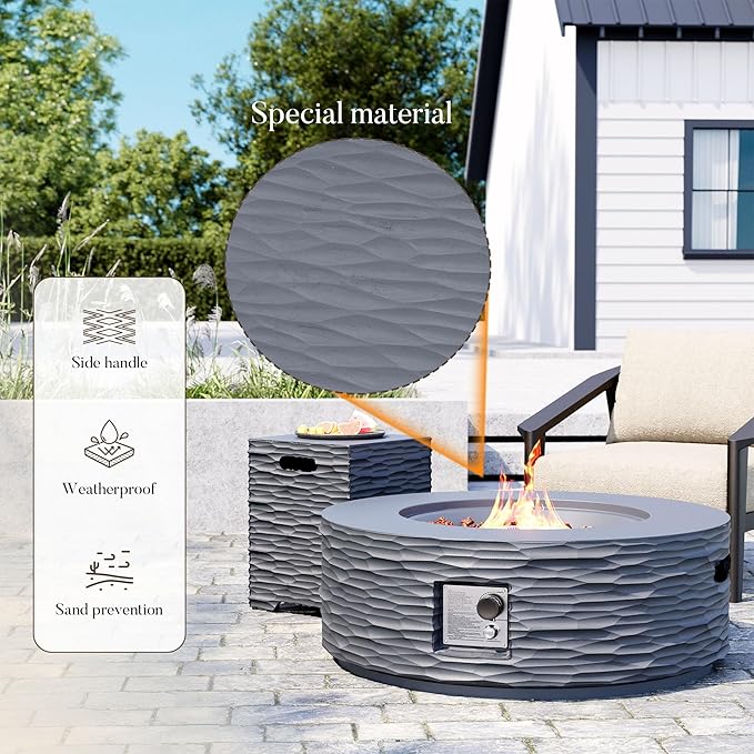 Cosiest Propane Fire Pit with Tank Cover for Outside, 35 in Round Gas Fire Pits for Outdoor Patio, CSA Certified, 50000 BTU Concrete Rectangle Base with Rain Cover, Free Lava Rocks