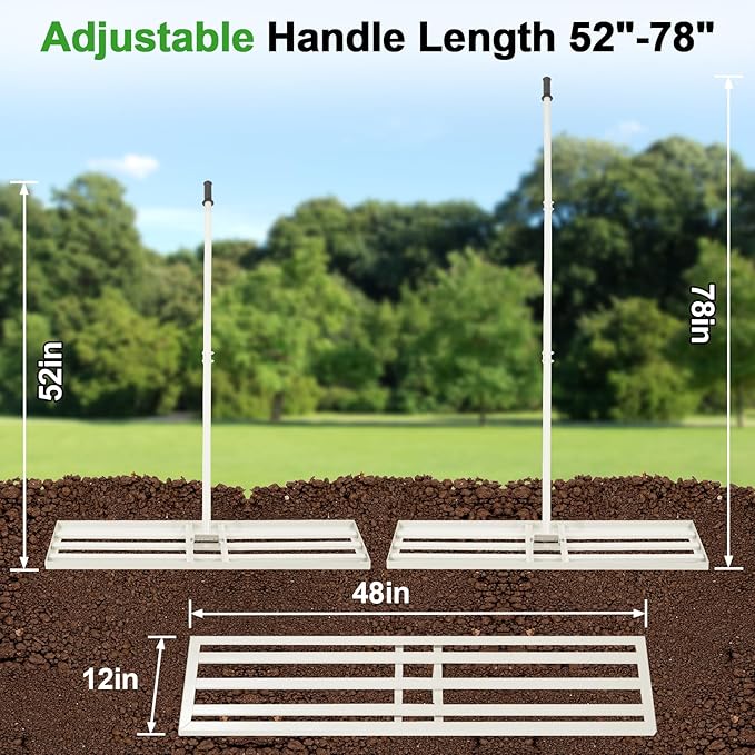 48"x12" Lawn Leveling Rake Heavy-Duty Galvanized Steel Lawn Leveler with an Adjustable 78'' Extra Long Handle Lawn Leveling Tool for Yard,Backyard,Garden,Golf,Farm,Pasture 6.5FT