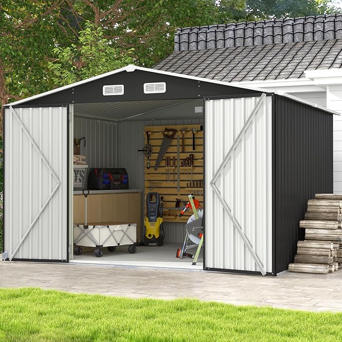 Aoxun 10 x 8FT Outdoor Storage Shed with Double Hinged Large Door Utility Garden Shed with Lockable Door & Sloped Roof Metal Sheds Outdoor Storage for Garden, Backyard, Patio and Backyard, Black
