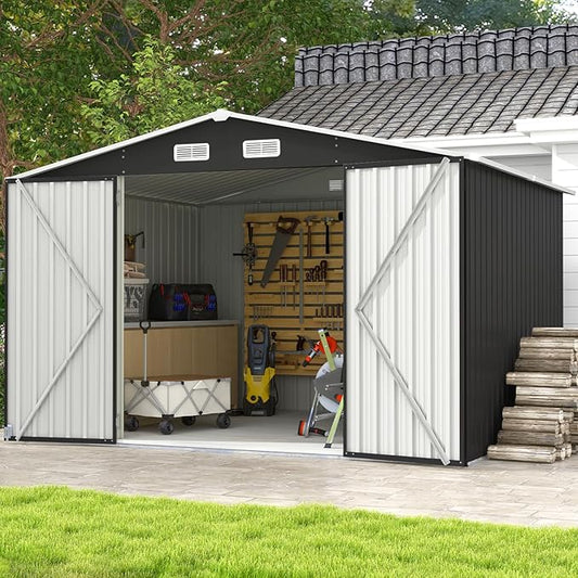 Aoxun 10 x 8FT Outdoor Storage Shed with Double Hinged Large Door Utility Garden Shed with Lockable Door & Sloped Roof Metal Sheds Outdoor Storage for Garden, Backyard, Patio and Backyard, Black