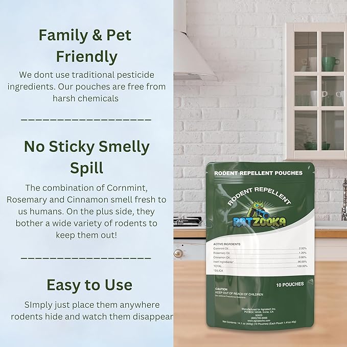 Extra-Strength Mouse Repellent Pouches with Cinnamon/Cornmint Oils, (10 Pouches) Natural Rodent Repellent, Indoor & Outdoor Mice Repellent, Safe for Pets and Kids