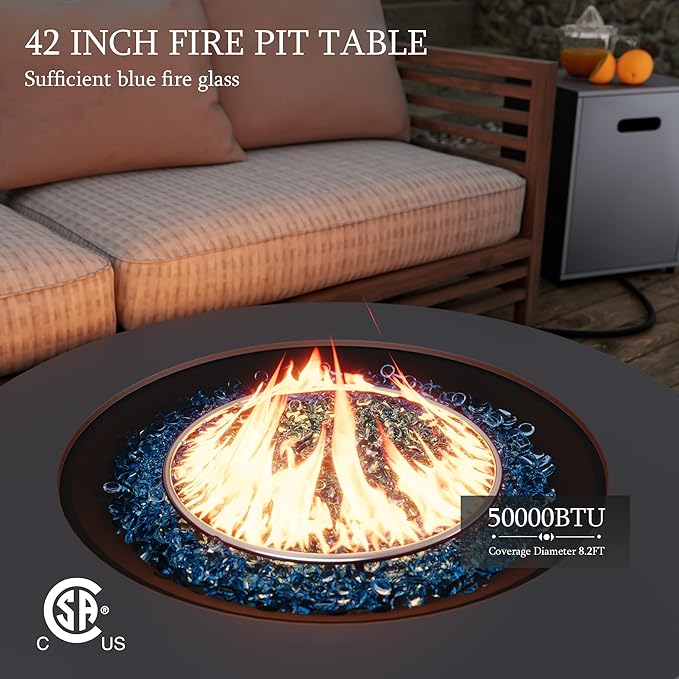 UPHA 42-inch Outdoor Propane Gas Fire Pit Table 50000 BTU Iron Round Firepit for Outside Patio with Tank Hidden Table, Removable Lid, Blue Glass Rocks, Rain Cover, Dark Grey