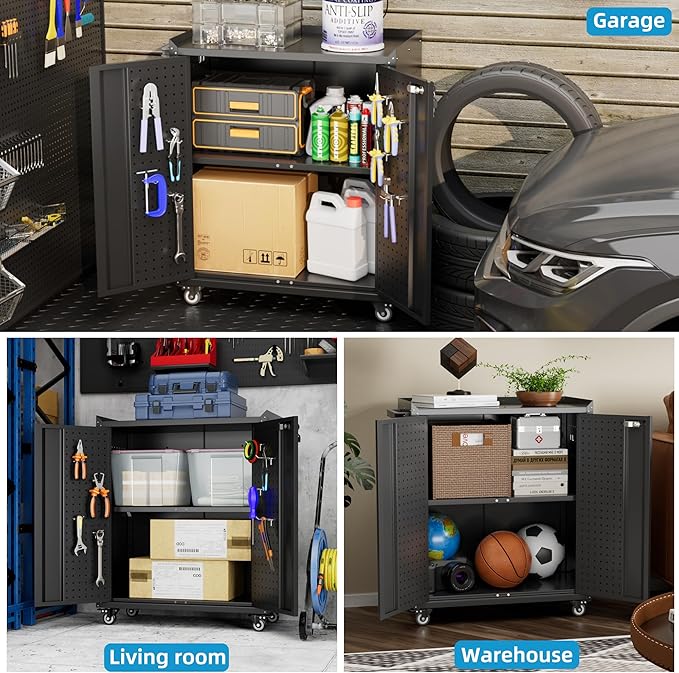Metal Tool Cabinets with Pegboard and Hooks,Garage Storage Cabinet with Wheels and 2 Lockable Doors for Garage, Home, Office,Assembly Required,Black,13.8" D x 26" W x 34.3" H