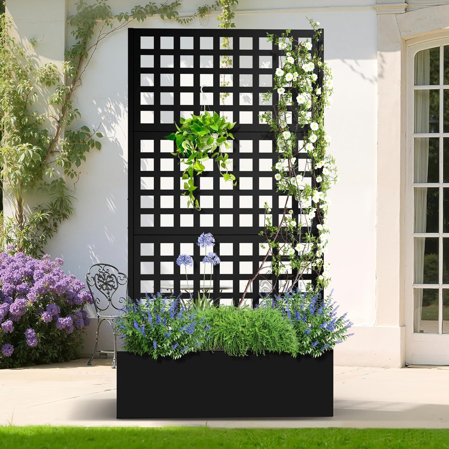Metal Planter Box with Trellis, Heavy-Duty Raised Garden Bed for Climbing Plants, Drainage Hole, Outdoor Planter Box with Privacy Screen，35''L×16''W×71''H