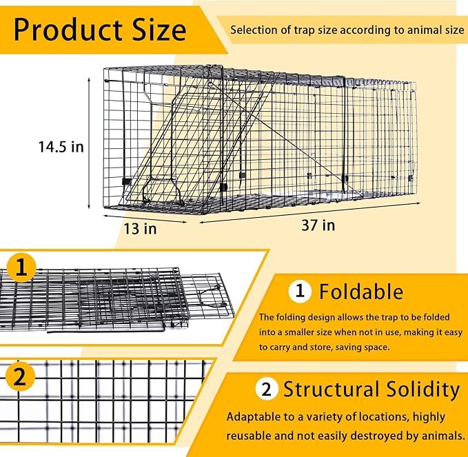 Heavy Duty Live Trap 37x13x14.5 Inch Steel Collapsible with Humane Trap Release Door for Stray Cats, Raccoons, Skunks, Groundhogs, Armadillos and Other Live Animals.