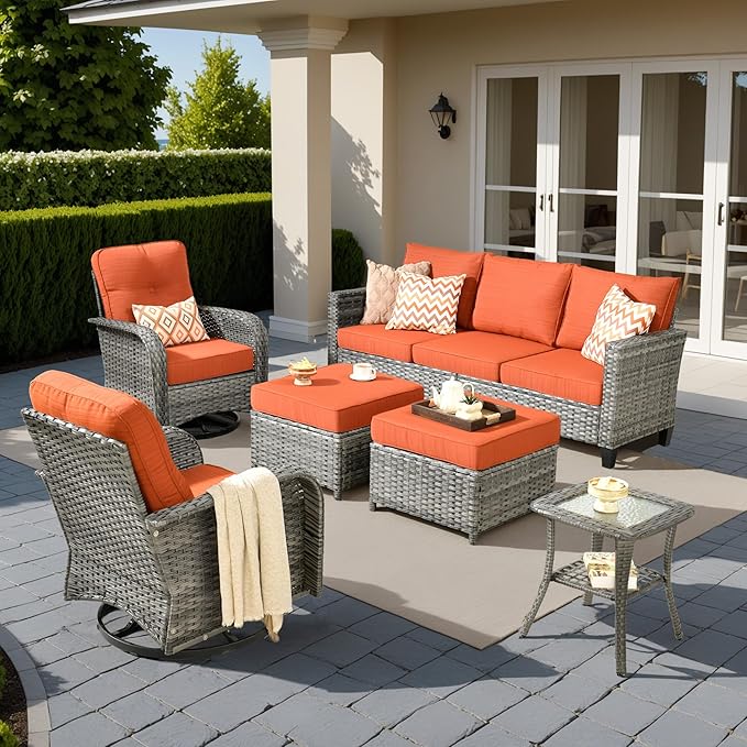 HOOOWOOO Outdoor Patio Furniture Set,6 Pieces Wicker Conversation Set,All Weather Couch Set with Swivel Chairs Ottoman Side Table 7 Seaters for Out Door Yard(Brick Red)