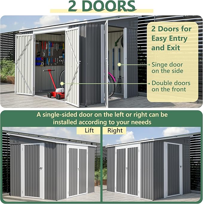 8x6FT Outdoor Storage Shed with Floor & 2 Lockable Doors,Metal Tool House W/ 2 Air Vents & Slpoed Roof,All Weather Waterproof Heavy Duty Stroage Unit for Backyard,Patio,Lawn,Garden,Gray
