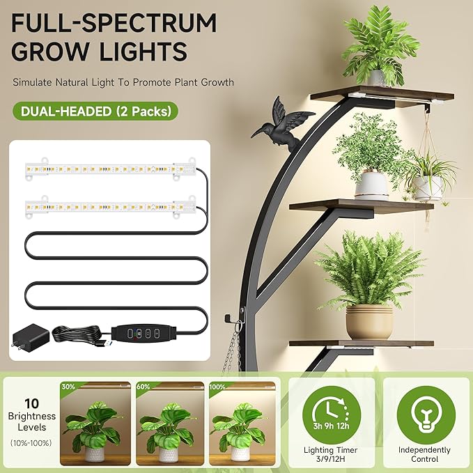 Plant Stand Indoor with Grow Lights, 62" Metal Plant Stand for Indoor Plants, 6 Tiered Tall Plant Shelf with Magnetic Cable Organizers and Decorative Bird, 2 Pcs Plant Holder for Patio, Living Room