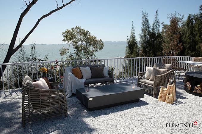 Elementi+ | Cannes Gas Fire Pit Cast Concrete 60" Rectangular Fire Table, Outdoor Fire Pit Electronic Ignition | Canvas Cover, Fire Glass and Burner Lid Included | Dark Gray | Natural Gas