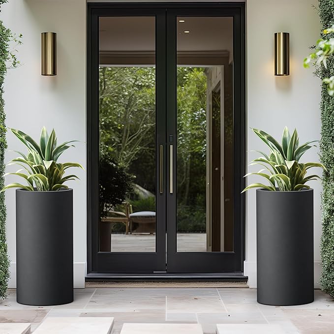 Kante 27.8 Inch Tall Cylindrical Planter, Large Round Plant Pots with Drainage Hole, Made with Concrete, Suitable for Indoor Outdoor Plants, Home Decor, Black