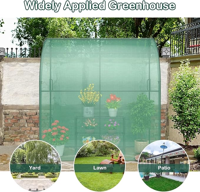 Happygrill Walk-in Greenhouse with 3-Tier Flower Rack, Weatherproof PE Cover & Roll-up Zipper Doors, Lean-to Greenhouse for Garden, Backyard, Balcony