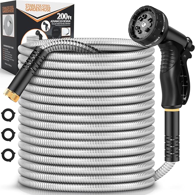 Garden Hose Metal 200FT, Stainless Steel Heavy Duty Water Hose With 10 Function Nozzle, No-Kink, Tough & Flexible, Sturdy and Lightweight, Rust Proof for Yard, Outdoor, RV
