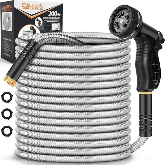 Garden Hose Metal 200FT, Stainless Steel Heavy Duty Water Hose With 10 Function Nozzle, No-Kink, Tough & Flexible, Sturdy and Lightweight, Rust Proof for Yard, Outdoor, RV