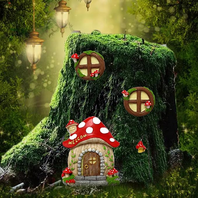 Fairy Door and Windows Garden Kit Accessories Outdoor, Glow in Dark Gnome House for Tree, Lawn Yard Art Sculpture, Miniature Garden Decor (Mushroom)