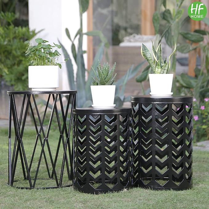 Set of 3 Modern Metal Side End Tables, Round Nesting Coffee Table Indoor, Nightstand Plant Stand for Living Room, Bedroom, Office, Garden Stool - Pure Black (Ship from US)