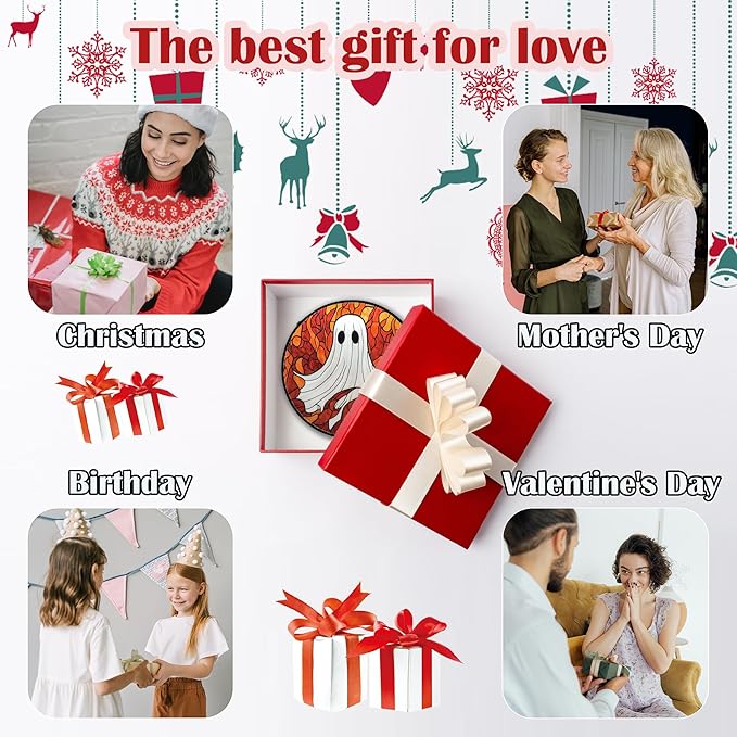 Stained Glass Window Hanging - Halloween Decorations White Ghost Orange Sky Suncatcher for Doors Garden Funny Spooky Sun Catchers Gothic Decor Horror Gifts for Women Men Friend Boy 9.8 in